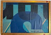 Full view of the framed abstract photo lithography art with predominant blue and teal color blocks and shapes, signed and dated 1963.