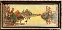 Framed watercolour painting featuring a cottage coastline with autumn trees and calm water, showing entire artwork and signature.