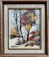 Full framed view of the oil painting depicting snow-covered birch trees with fall foliage in warm colors.