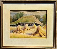 Full view of the framed watercolour painting showing a farmhouse with stooks in front, mounted with an off-white mat and framed in a dark wood frame with a gold accent.