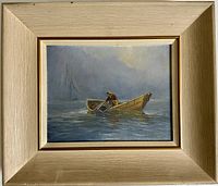 Front view of the framed oil painting showing the fisherman in a yellow boat on water with a foggy ship in the background.