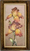 Framed vertical oil painting of two pink and yellow iris flowers on a muted background