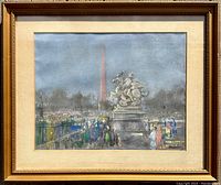 Full front view of the framed pastel painting showing the Paris scene with Obelisk and equestrian statue with groups of people.