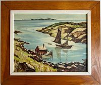 Framed oil painting of coastal harbour with sailboat and house by water