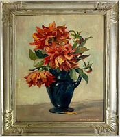 Frontal view of the framed oil painting showing red flowers in a blue vase