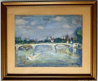 Full view of pastel painting in a decorative wooden frame with tan mat showing the River Seine and Pont Neuf Bridge in Paris with a boat in the foreground.