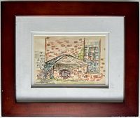 Framed watercolor painting of a detailed stone architectural feature of St. Andrew's Church, showing a rich wooden frame and white matting around the artwork.