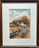 Frontal view of the framed "Village Road" watercolour painting by William Biddle showing the village road, houses, trees, and sky.