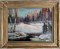 Framed oil painting of a winter landscape featuring snow, birch trees, and a river with logs, showing overall artwork.