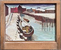 Full view of the winter canal oil painting framed in a rustic wooden window frame, showing snowy canal, boats, and buildings.