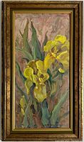 Framed vertical rectangular oil painting of yellow flowers with green foliage on a soft pink background.
