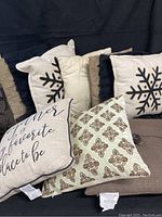 Eight throw pillows arranged including the ones with snowflake applique, black fringe, patterned gold-brown pillow and script pillow.