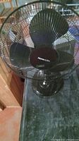 Black 21-inch Homestyle fan with metal cage and three black blades, viewed from the front.