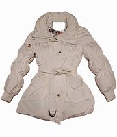 Front view of creamy white puffy winter jacket with belt and long sleeves showing knit cuffs