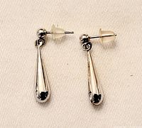 Front view of earrings showing polished tear-drop shape dangles and post backs with clear plastic earring backs attached.