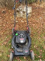 Full front view of the black Craftsman Platinum self-propelled lawnmower showing engine cover and wheels in a natural outdoor setting with fallen leaves.