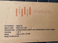Box showing brand Modway, SKU, description of the headboard and dimensions 1600x640x93 mm, made in Malaysia.
