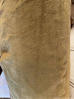 Close-up of velvet-like upholstery fabric in light golden beige color showing texture and pile.