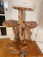 Front view of plant stand showing all four irregularly shaped natural wood shelves and base trunk supports