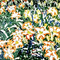Close-up of the stylized lily flowers in orange, white, and green with blue accents in the print.