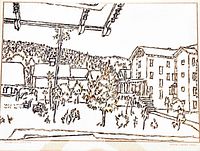 Close-up of the line drawing depicting rural buildings and trees, showing details of the artwork.