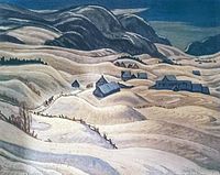 Close-up of the print showing the landscape artwork with rolling hills, buildings, and mountains.