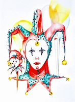 Print showing a jester figure in colorful costume with bells and a melancholic expression.