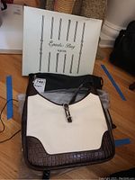 Photo showing Epaule Bag by Noevir with white fabric body and dark brown crocodile embossed edges and silver buckle on front, with box in background.