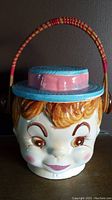 Front view highlighting the boy's face with detailed eyes, cheeks, lips, and colorful hat and handle.