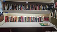 Two shelves filled with a mix of novels and reference books, many with colorful spines, arranged in two rows.