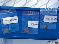 Three Buffalo nickels individually bagged and labeled as 1920-S, 1929-S, and 1937-S coins on a blue background.