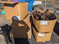 Five large cardboard boxes outdoors filled with Polo Ralph Lauren wooden hangers.