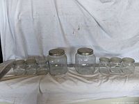 Photo showing 8 glass jars of different sizes arranged in a row on a white cloth backdrop.