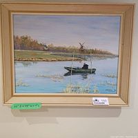 Full view of the framed acrylic painting showing the fisherman in boat with windmill and surrounding landscape.