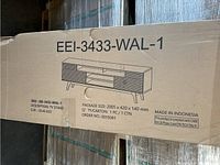Box exterior with SKU, model number, illustration of TV stand and package dimensions