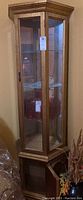 Front angled view of the tall antique gold finished curio cabinet showing glass door and base with storage compartment.