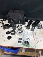 Full layout of camera body, lenses, flash, charger, battery, strap, memory card, bag and accessories