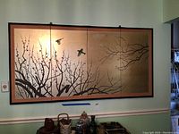 Four-panel folding Asian print screen with birds and tree branches