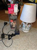 Photo of all four lamps together including boxed gooseneck LED desk lamp, oil lamp, clip-on lamp, and butterfly butterfly table lamp.