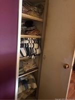 View of linen closet with shelves holding multiple folded linens including sheets, blankets, and quilts in various patterns and colors.