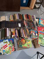 Wide view of over 100 books arranged on floor includes various vintage hardcover books and colorful children's books.