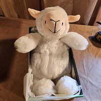 Front view of fluffy lamb plush heating pad inside box showing full body and face details.