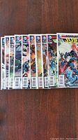 Photo showing 10 Justice League Forever Evil comics, some sequential, in excellent condition, spread horizontally on a wooden surface.