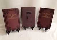 Three hardcover volumes standing on black display easels, two burgundy covers and one darker brown cover with faded emblem.