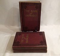 Front covers of three vintage books titled The Book of Knowledge in burgundy with gold lettering and decorative corners.