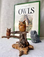 Front view of three owl carvings and the book titled 'Owls' featuring an illustrated owl on the cover.