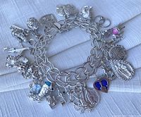 Full view of bracelet showing all charms and round linked bracelet band.