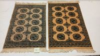 Pair of two small hand knotted rugs side by side showing full pattern and fringe edges.