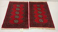 Pair of Indo Bokhara rugs, showing front face and full size.