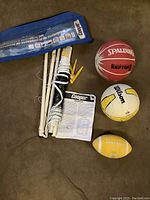 Full view of sport set items including badminton/volleyball net in blue bag, tennis poles, and three balls (basketball, volleyball, football).